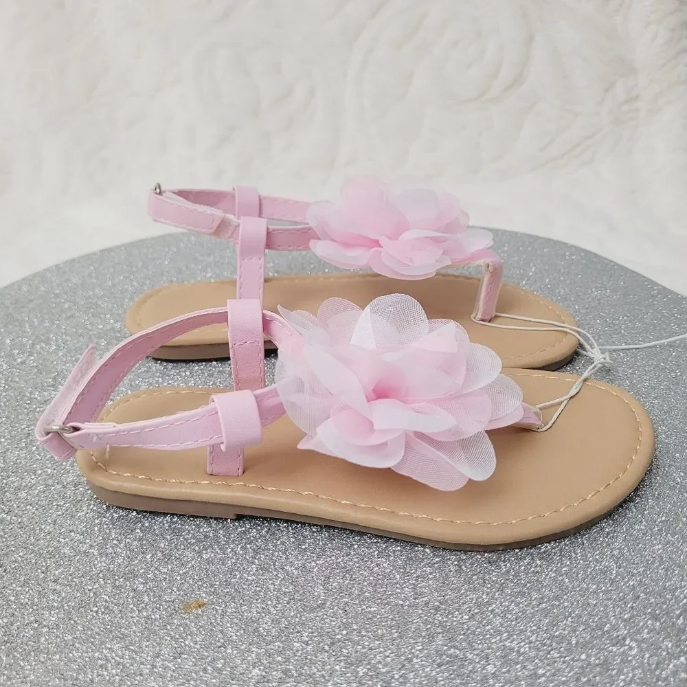 Pink Spring Flower Thong Sandals Ankle Strap Toddler Girls Size Large 9 - 10 New